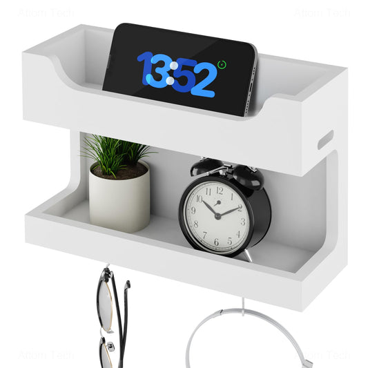 NiHome Wall Mounted Wooden Bedside Accessories Organizer, Double Tray Bedside Storage Shelf Rack with Magnetic Hooks, Bedroom Dorm RV Wall Caddy Holder for Phone Glasses Alarm Clock Remote (White)