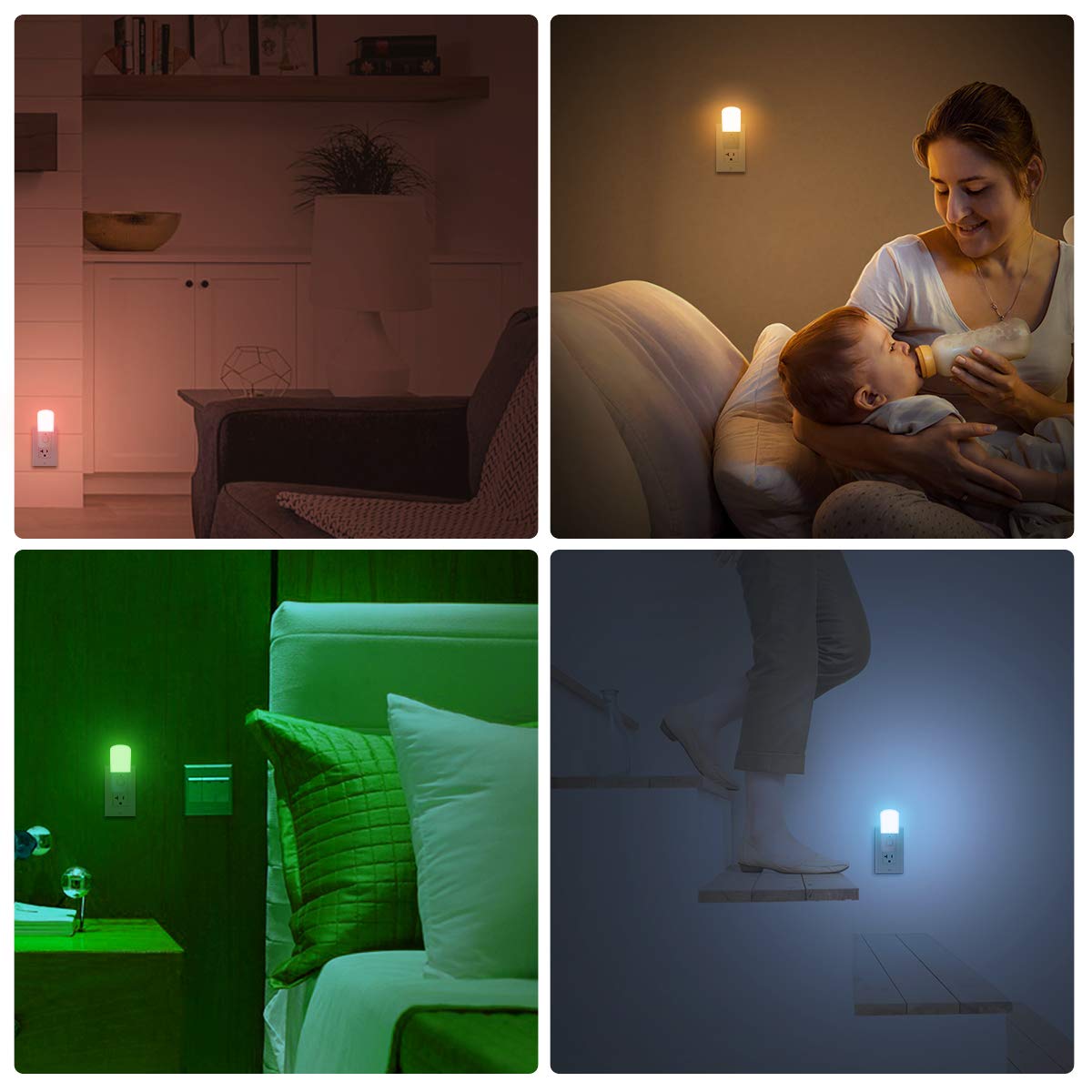 LOHAS Plug in LED Night Lights, Dimmable, 2 Pack RGB 9-Color Changing Night Lights, 2 Pack Aid No Blue Light Amber Night Lights with Dusk to Dawn Sensor for Kid Bedroom Nursery Hallway Kitchen, 4 Pack
