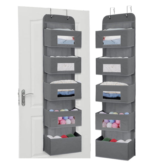 MAX Houser 5-Shelf Over The Door Hanging Organizer with 2 Metal Hooks, 5 Pocket Over The Door Wall Mount Storage with Clear Windows for Bathroom Closet,Bedroom,Dorm,(Gray)