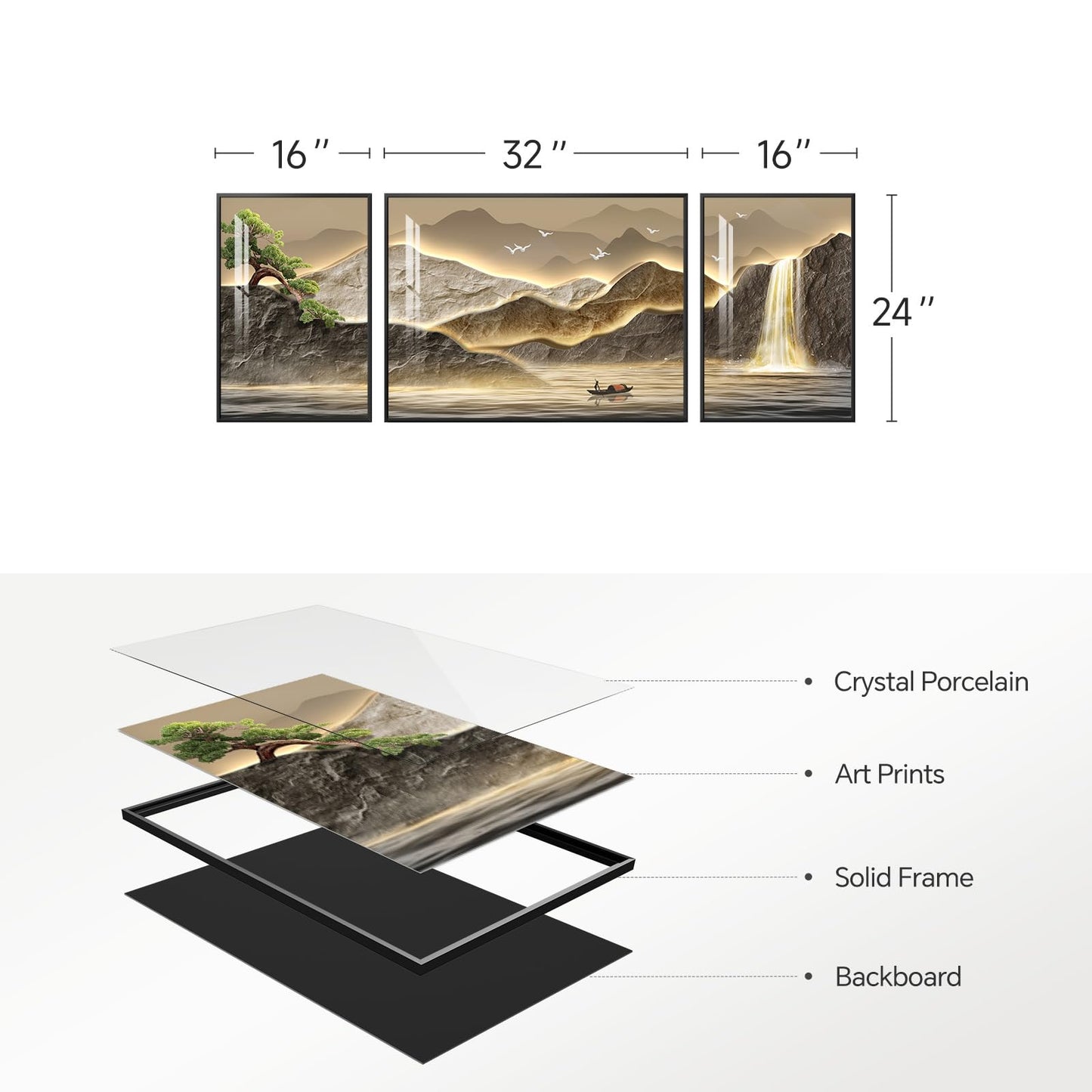 Framed Mountain Wall Art for Living Room, 3 Piece Brown Landscape Painting Prints, Modern Luxury Bright Style Pine Tree Waterfall Artwork for Dining Room,Hallway Office Wall Decor