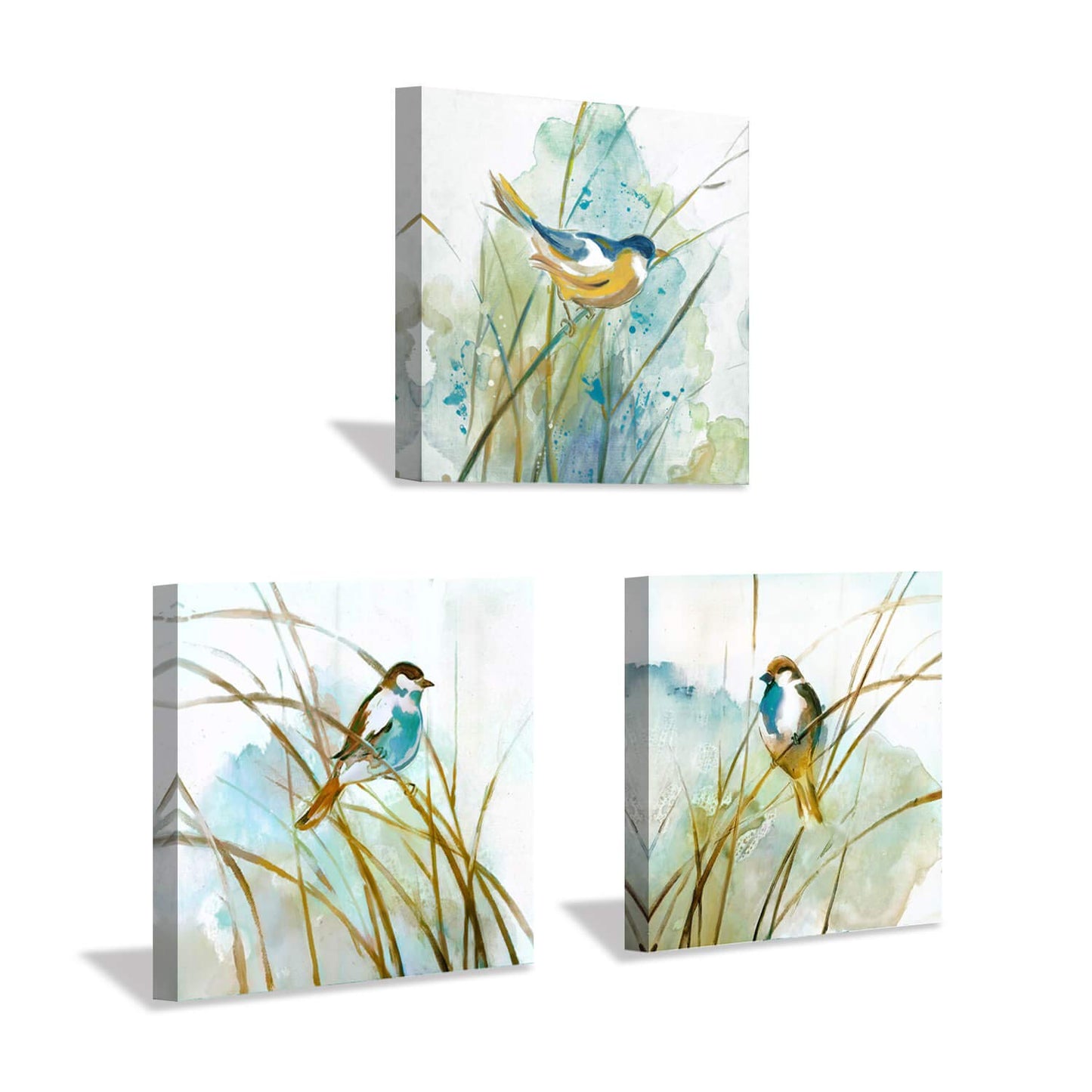 Hardy Gallery Abstract Birds Painting Wall Art: Colorful Birds in Grass Artwork Animal Picture on Canvas Prints for for Living Room (12” x 12” x 3 Panels)