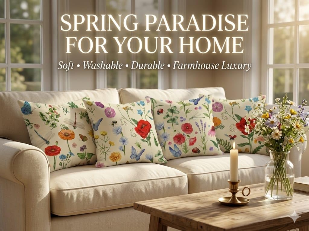 Matbutikk Rahimi Floral Throw Pillow Covers Set of 4, 18x18 Inch, Pillow Covers, Linen Cushion Covers with Hidden Zipper, Soft Decorative Farmhouse Pillow Covers for Sofa Couch Bedroom Living Room