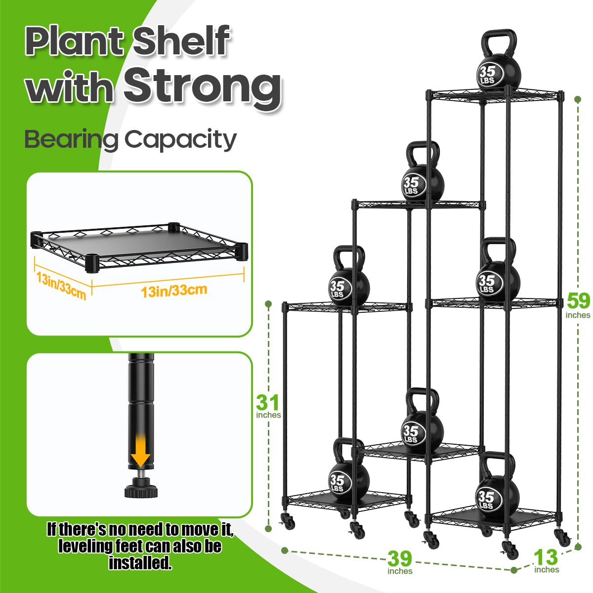Abimars 59'' Plant Stand with Wheels, Shelf Height Adjustable Metal Plant Shelf for 7 Potted Plants, DIY Assembly Indoor & Outdoor Plant Display Rack