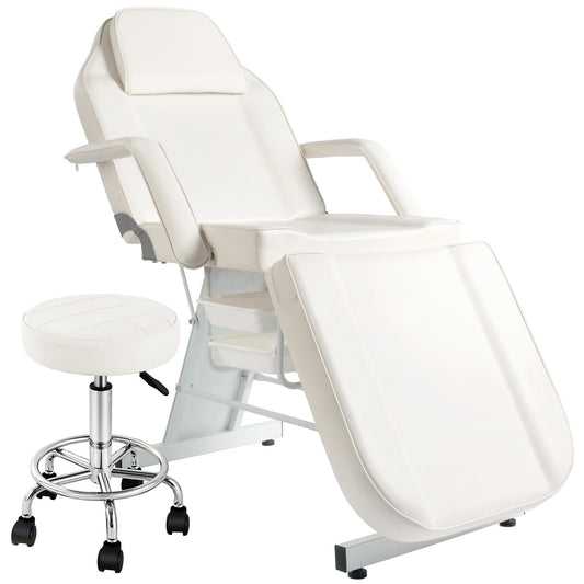 KIIUMI Tattoo Chair for Artists, Facial Esthetician Bed, Adjustable Beauty Bed with 2 Tray, Professional Piercing Chair with Hydraulic Rolling Stool, White
