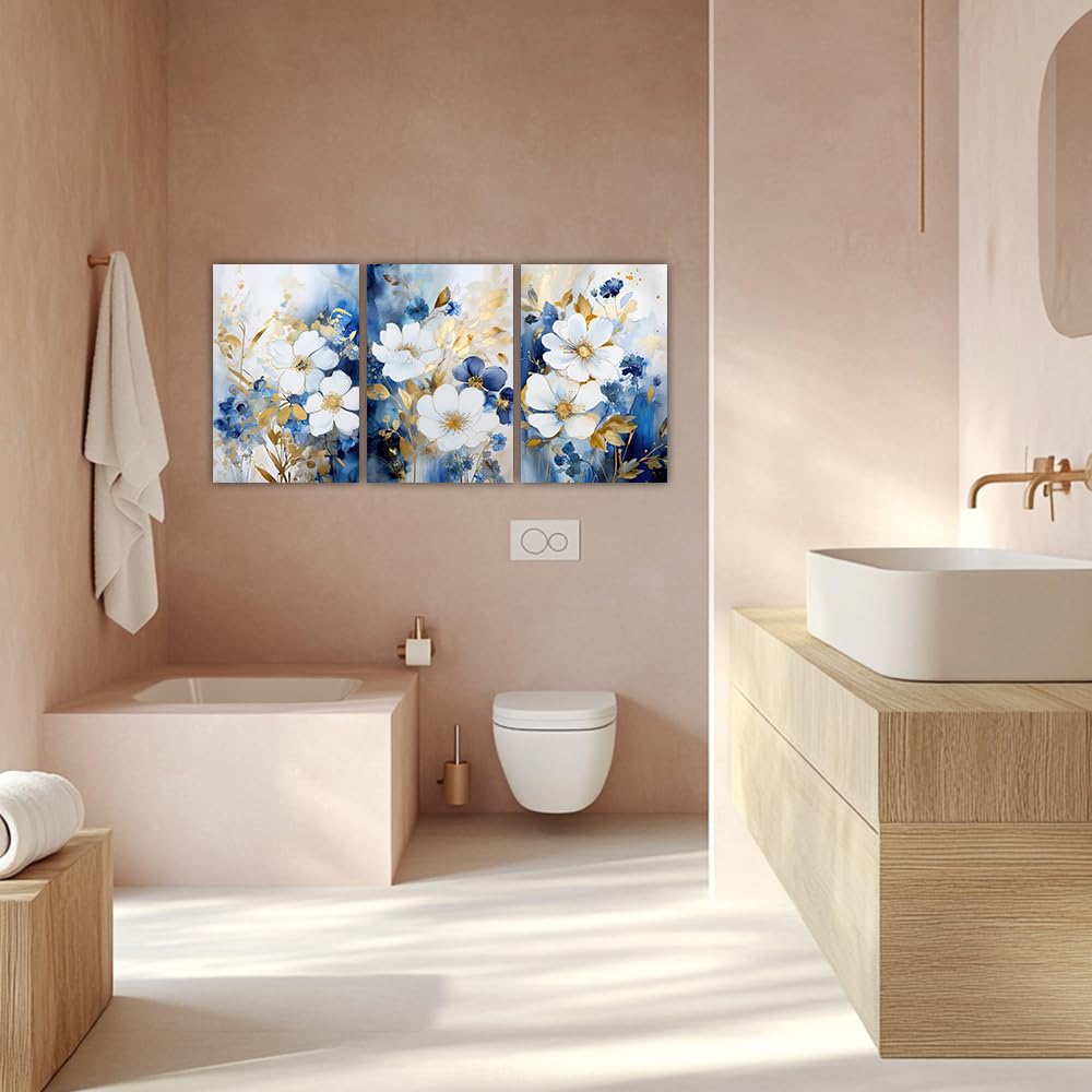 Abstract Flower Canvas Wall Art 3 Pieces Blue and Gold Floral Picture Wall Art Blooming Botanical Painting Prints Bedroom Decors(Flowers-5,12x16inchx3 Pieces (30x40cmx3 Pieces))