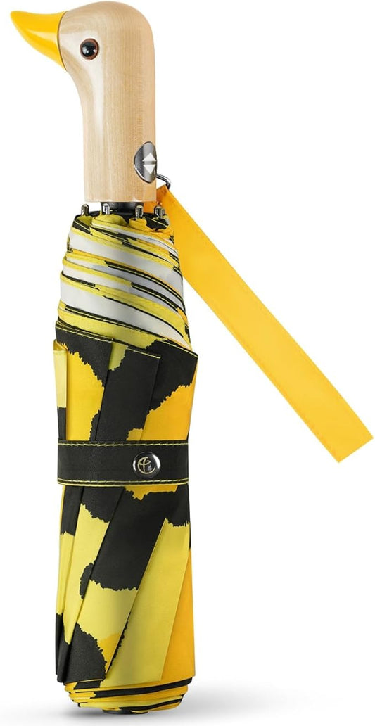 Cute Duck Umbrella Automatic - Compact Pretty Pocket Size Strong Duck Collapsible Umbrella Yellow Wooden Handle for Women