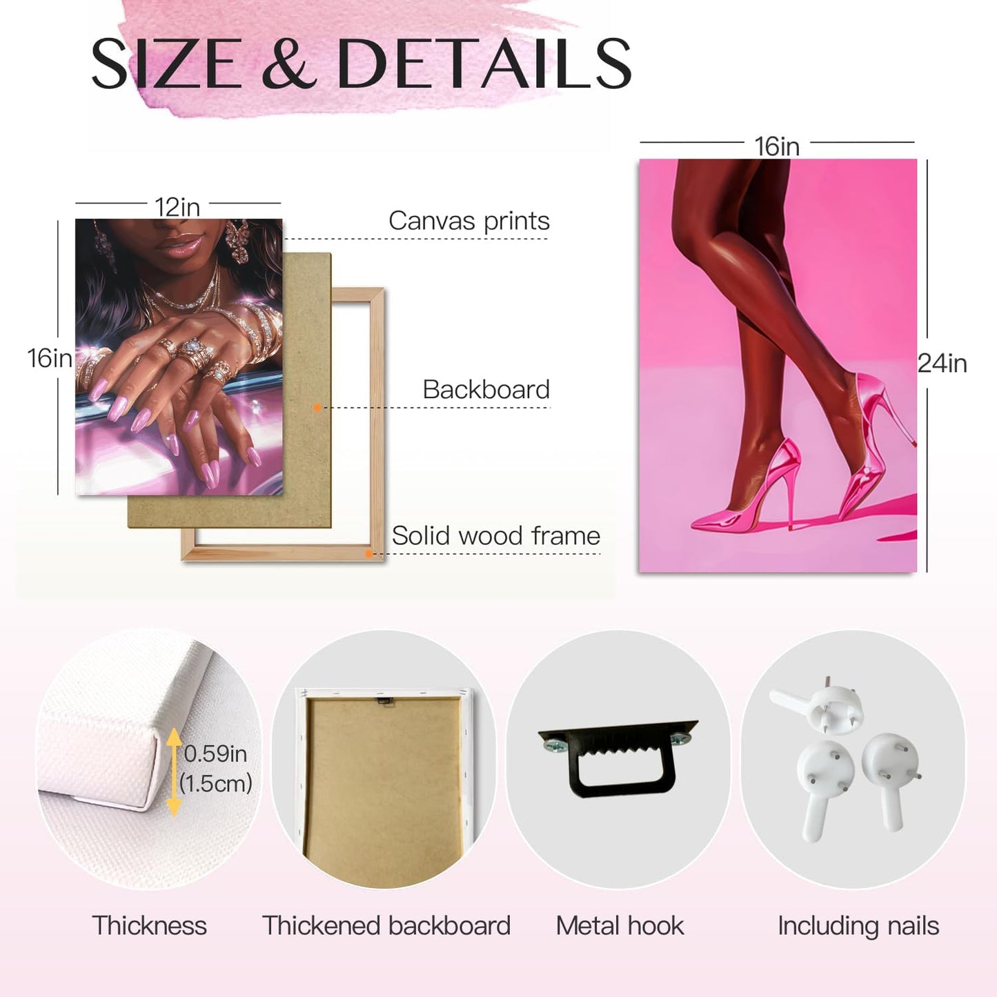 Pink Fashion Black Girl Canvas Wall Art Set of 3 African American Black Woman Posters Wall Decor Fashion Black Woman Pictures Prints for Living Room Bedroom Artwork Home Decoration 12x16Inch Framed