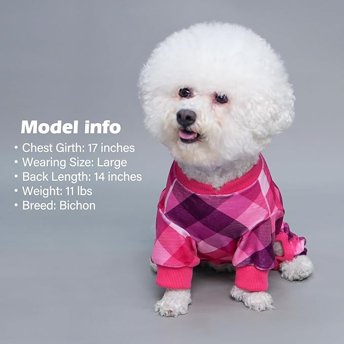 KYEESE Dog Pajamas Comfy Pet Clothes Soft Coat Lightweight Pjs Velvet Doggie Jammies Stretchy Onesie Plaid Dog Pajamas for Small Dogs Boy Girl,Pink, Medium
