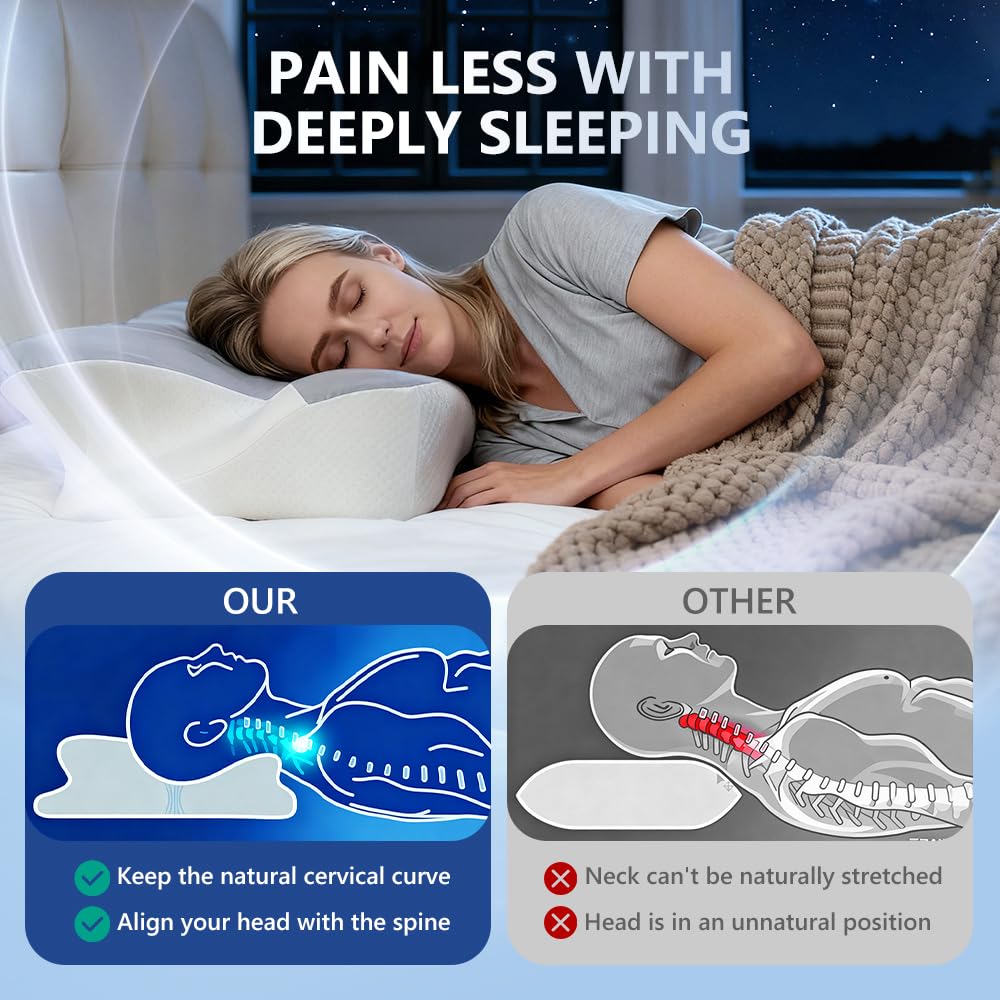 BNXIANG Cervical Neck Pillow for Neck Pain Relief & Sleeping, Ergonomic Contour Neck Support Pillow, Memory Foam Orthopedic Pillow for Side, Back, Stomach Sleepers