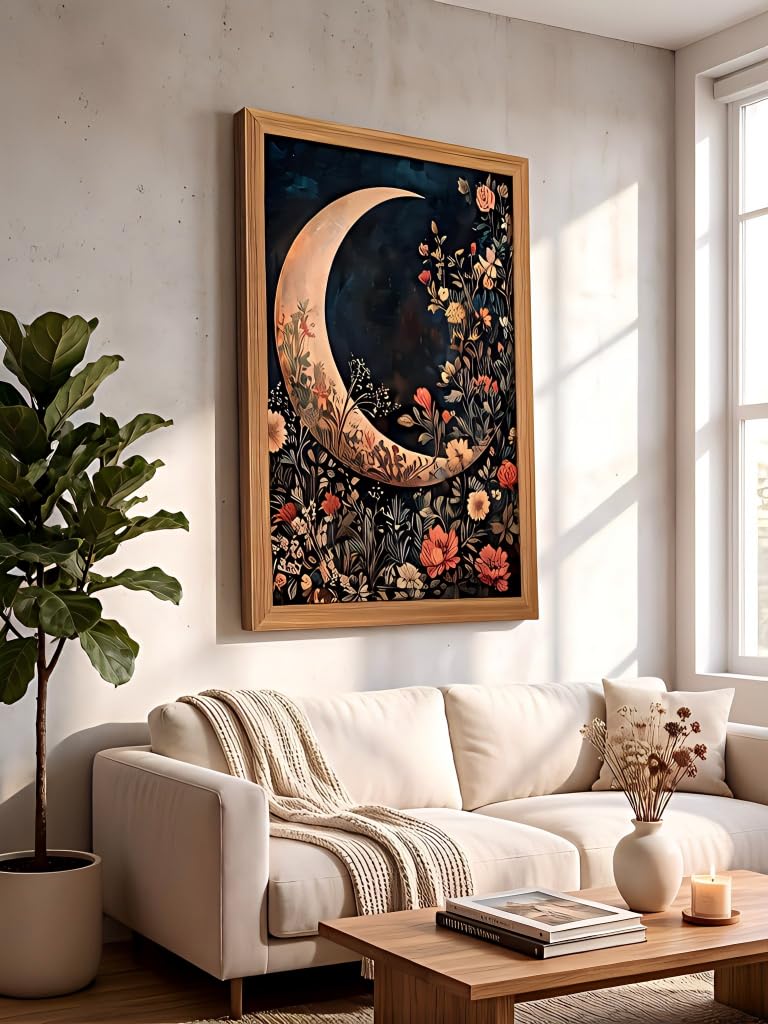 JXZMLNR Framed Canvas Wall Art, Crescent Moon with Dark Floral Print 8x10In