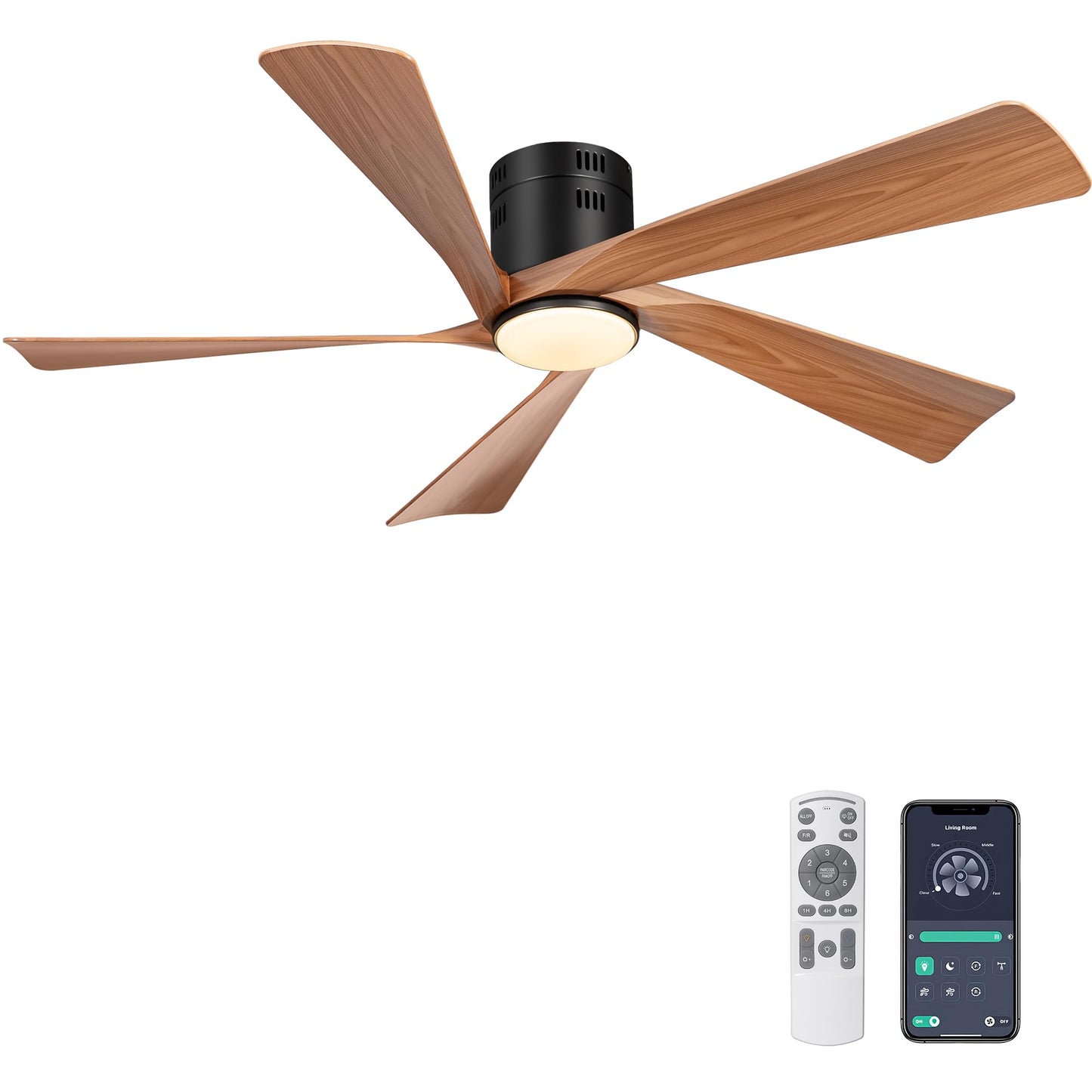 Ohniyou 52” Flush Mount Farmhouse Ceiling Fan with Lights, Remote & APP Control Low Profile Indoor Outdoor Ceiling Fans, Dimmable, Quiet DC Motor, Reversible, Black+Wood Color