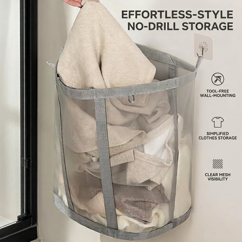 Yagizaai Wall-Mounted Foldable Laundry Basket, 41L Collapsible Mesh Hamper, Hanging Storage Bag for Bathroom, Dorm, Travel, Beach, Camping, Reinforced Handles, Grey