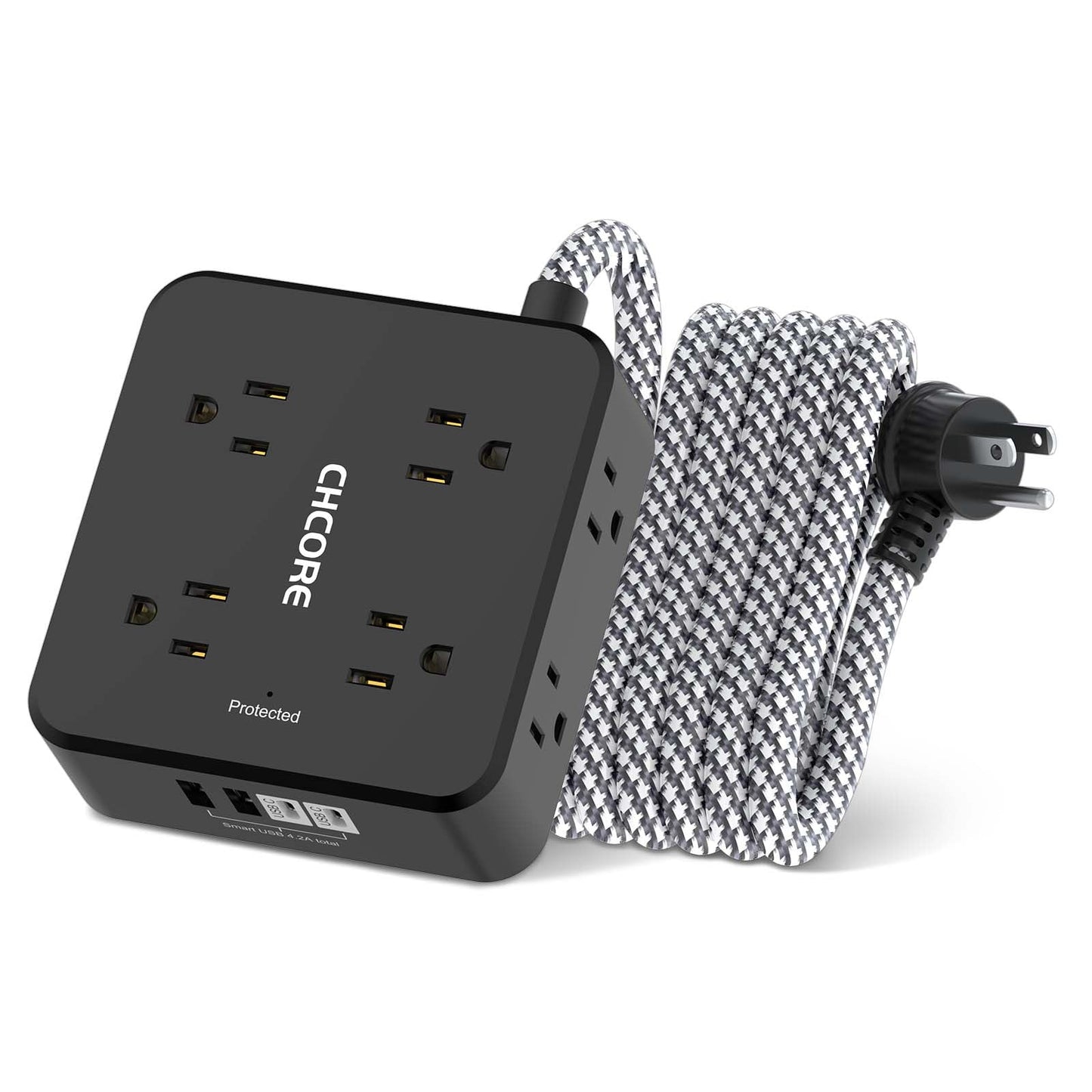 Surge Protector Power Strip - CHCORE 10Ft Braided Extension Cord with 8 Outlets with 4 USB (2 USB C) Charging Ports, Flat Plug Multi Plug Outlet Extender Charging Station for Home Office, ETL, Black