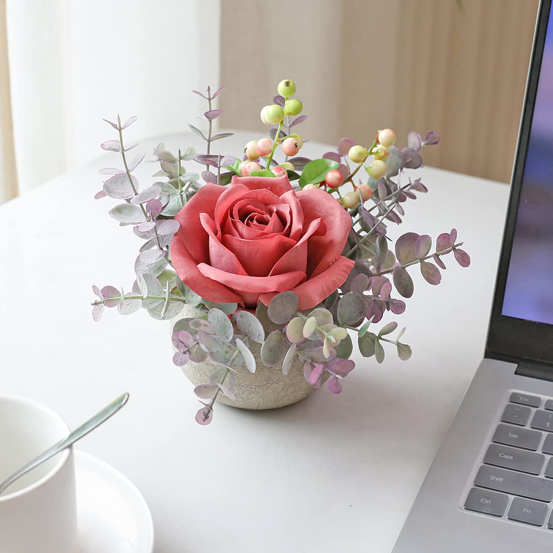 Rosscer Small Artificial Pink Rose Potted Plant, 6" Fake Silk Flowers in 3.5" Round Pot, Mini Faux Floral Arrangement for Desk Shelf Bathroom Decor
