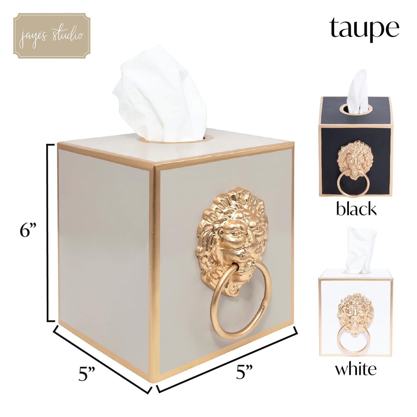 Jaye’s Studio Decorative Square Tissue Box Cover for Bathroom & Home, Premium Cube Tissue Box Holder, Gold Trim & Accents, Paws & Claws Lion’s Head Detail, Luxury Handmade Metal Decor (6x5x5, Taupe)
