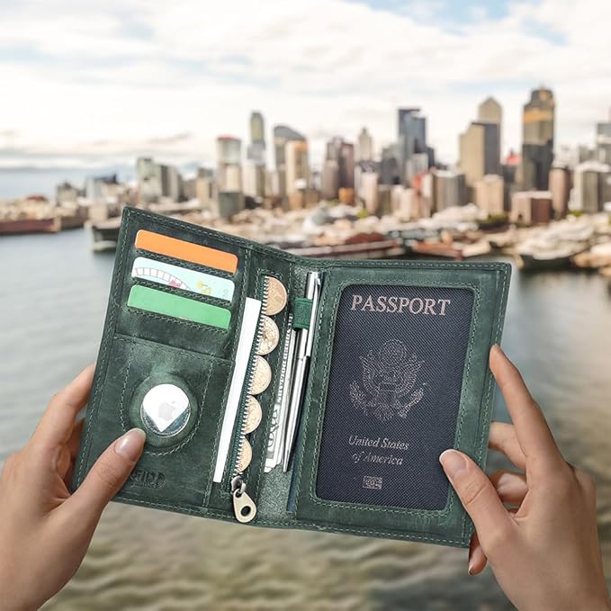 CONTACTS Full Grain Leather Airtag Passport Holder RFID Blocking Travel Passport Wallet Slim Passport Cover Case with 4 Card Slots, Coin Pocket (Badge, Green)