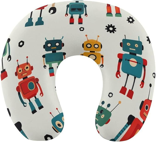 Chin Supporting U-Shaped Neck Pillow Memory Foam Travel, Robots On Gray U-Shape, Office Home Airplane Comfort