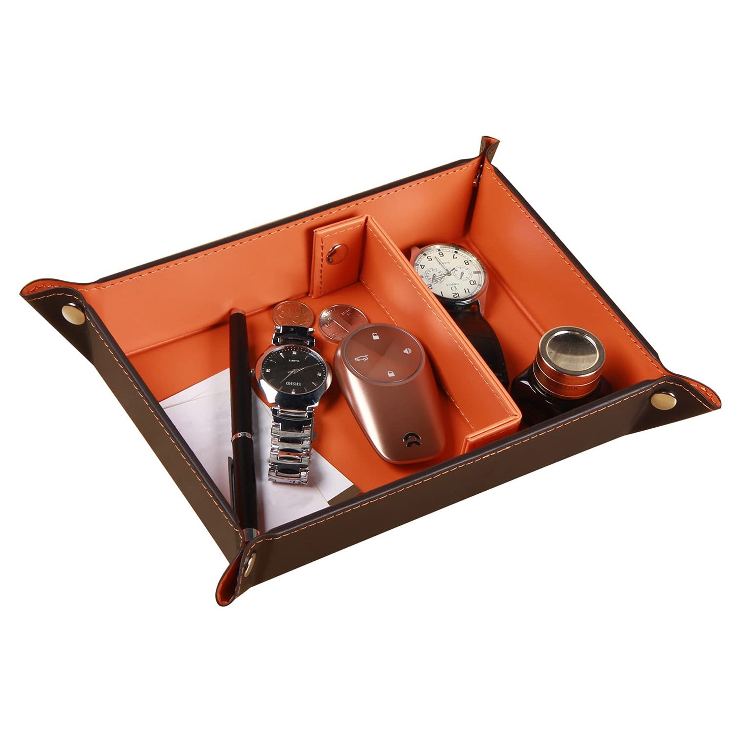 Valet Tray for Men Leather Big Entryway Key Dish Bedside Catchall Bowl 2 Dividers Travel Nightstand Organizer Caddy for Wallet Coins Dice Watch Candy, Sundries Holder for Beside Table (Orange)