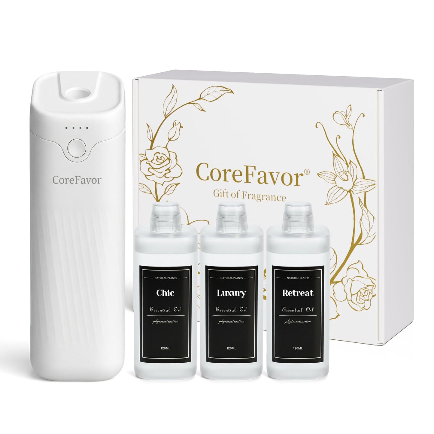CoreFavor Waterless Essential Oil Diffuser (M60) with 3x120ml Oil, Rechargeable Portable Battery-Operated Cold Air Aroma Scent Machine, 4 Adjustable Intensity Levels, Quiet Diffuser for Home Car