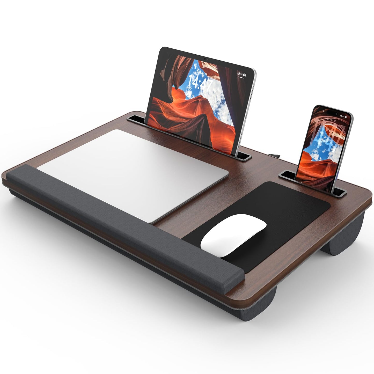 Potuopy Lap Desk- Fits up to 17” Laptop Lap Desk with Wrist Pad, Laptop Lap Pad, Lap Desks for Adults Laptop Stand for Bed with Cushion and 2 Upgraded Mouse Pads, Tablet and Phone Slots (Dark Brown)