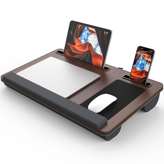 Potuopy Lap Desk- Fits up to 17” Laptop Lap Desk with Wrist Pad, Laptop Lap Pad, Lap Desks for Adults Laptop Stand for Bed with Cushion and 2 Upgraded Mouse Pads, Tablet and Phone Slots (Dark Brown)