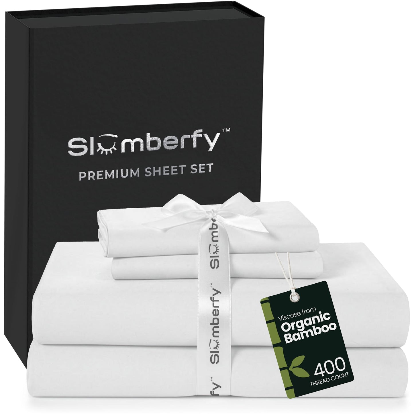 Slumberfy 4-Piece 400 TC Viscose Derived from Bamboo Sheets, Queen Size - 1 Fitted, 1 Flat, 2 Pillow Cases - Deep Pocket Cooling Viscose-Bamboo Bed Sheets in Magnetic Closure Gift Box, White