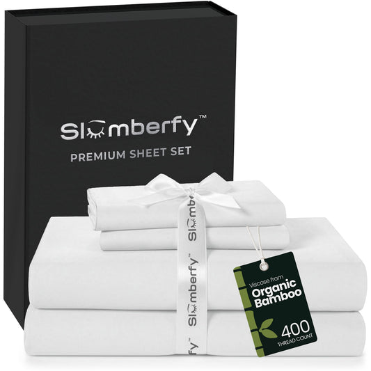 Slumberfy 4-Piece 400 TC Viscose Derived from Bamboo Sheets, Queen Size - 1 Fitted, 1 Flat, 2 Pillow Cases - Deep Pocket Cooling Viscose-Bamboo Bed Sheets in Magnetic Closure Gift Box, White