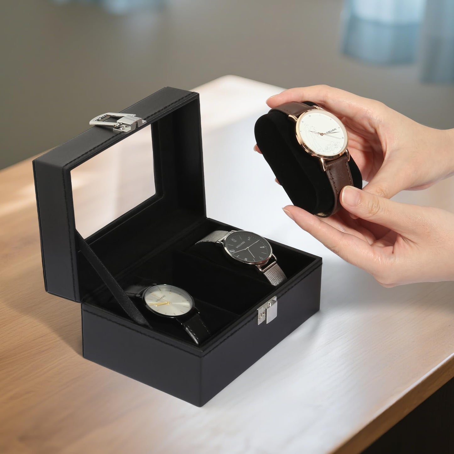 Uten 3-Slot Watch Box, PU Leather Watch Case with Glass Lid, Watch Holder Organizer with Soft Pillow and Velvet Lining, Watch and Jewelry Storage Box, Black