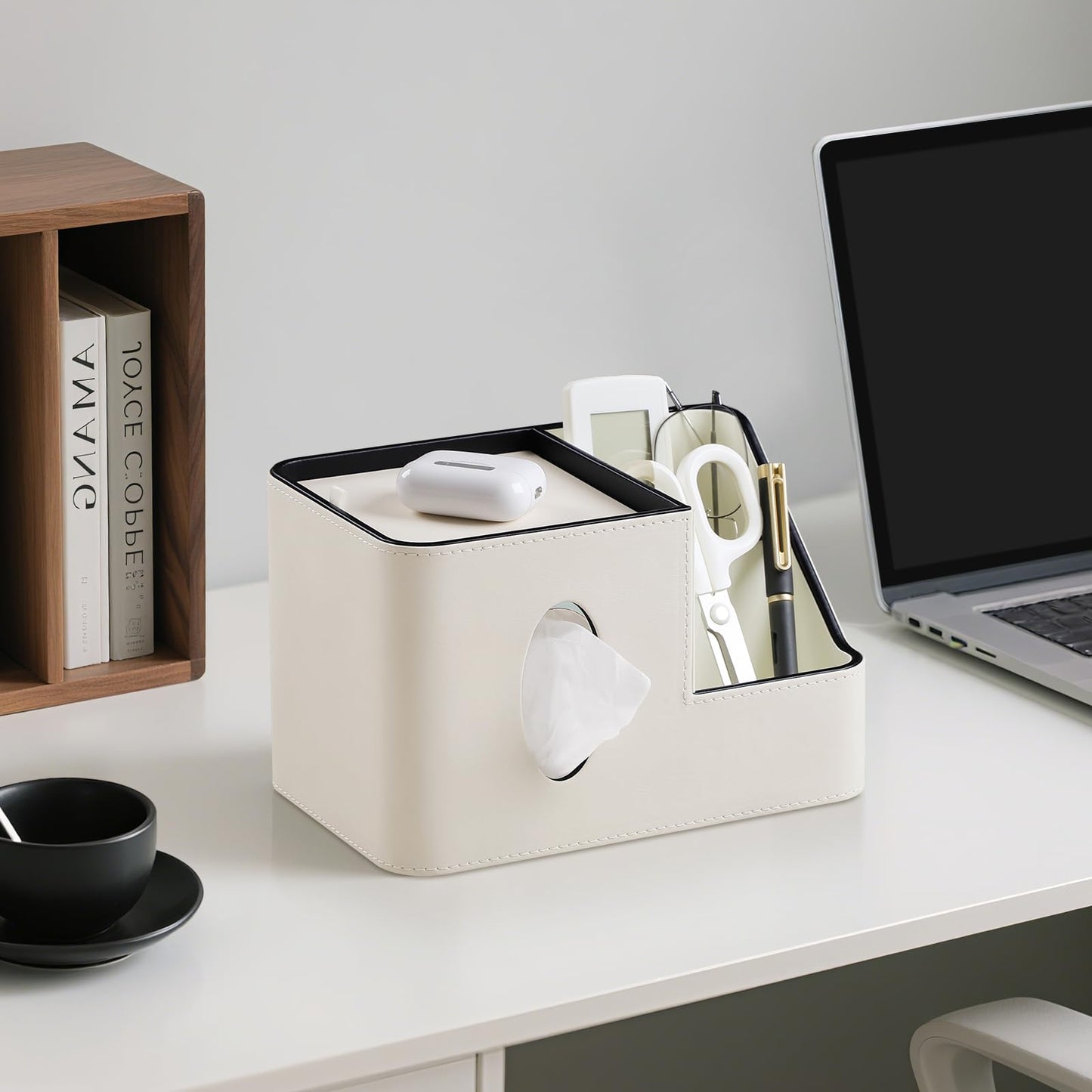 PU Leather Square Tissue Box Cover with Magnetic Closure, Tissue Holder with Storage Tray & Remote Control Organizer, for Nightstand, Living Room, Bathroom, Office Desk (White)