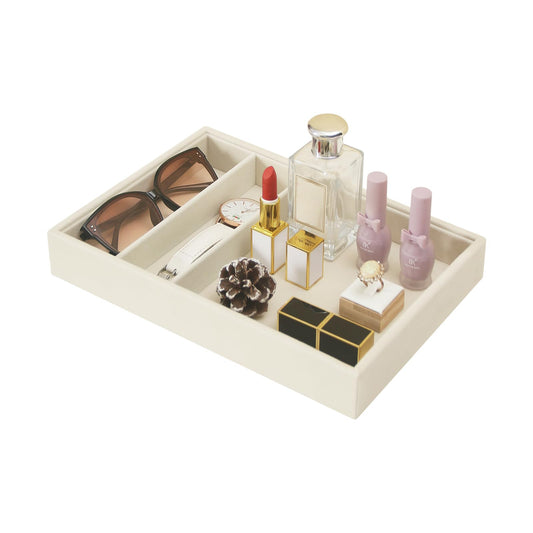 Bedside Organizer - Multi-use Nightstand & Desk-top Catchall Tray for Jewelry, Sunglasses, Phone, Watch, Perfume, Lipstick (Beige 3Grid)
