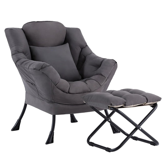 YOTATING Lazy Chair with Ottoman, Modern Accent Leisure Sofa Chair with Footrest Stool & Throw Pillow, Modern Lounge Chair with Armrests for Living Room, Dark Grey