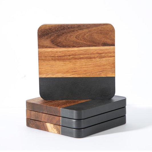 LiWiBet Acacia Wood Black Marble Coasters for Drinks Set of 4, Square Non-Slip Wooden Stone Coaster Coffee Table Accessories Manly Coaster for Men Coffee Table, Bar, Office - Rustic Modern Style