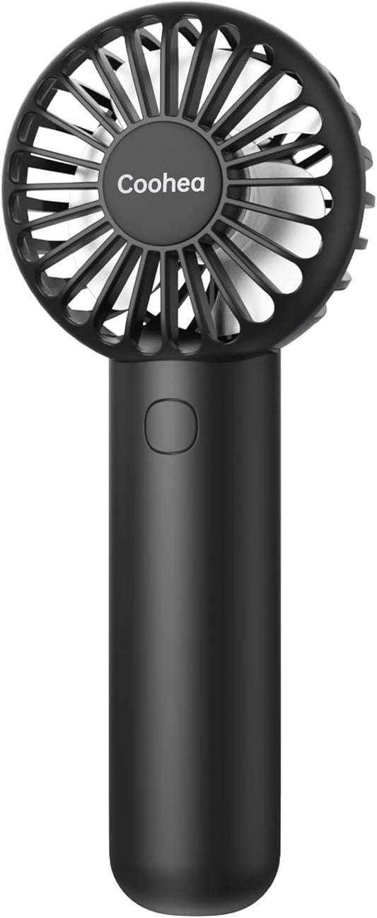 Coohea Mini Handheld Fan, Small Cute Design, 3 Powerful Speeds, USB Rechargeable Battery Operated, Personal Portable Fan with Base & Lanyard, for Eyelash Makeup Travel Beach Office Desk, Black