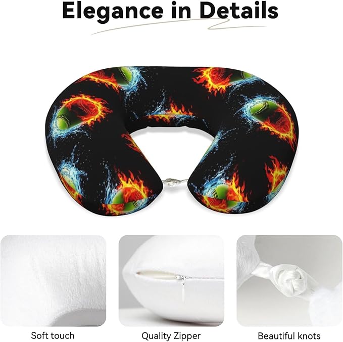 Comfortable Memory Foam Neck Pillow Ice Water Fire Flame Softball Baseballs, Travel U Shaped Airplane/Car/Flight Pillows with Removable Zipper Cover, Chin Head Neck Support Cushion