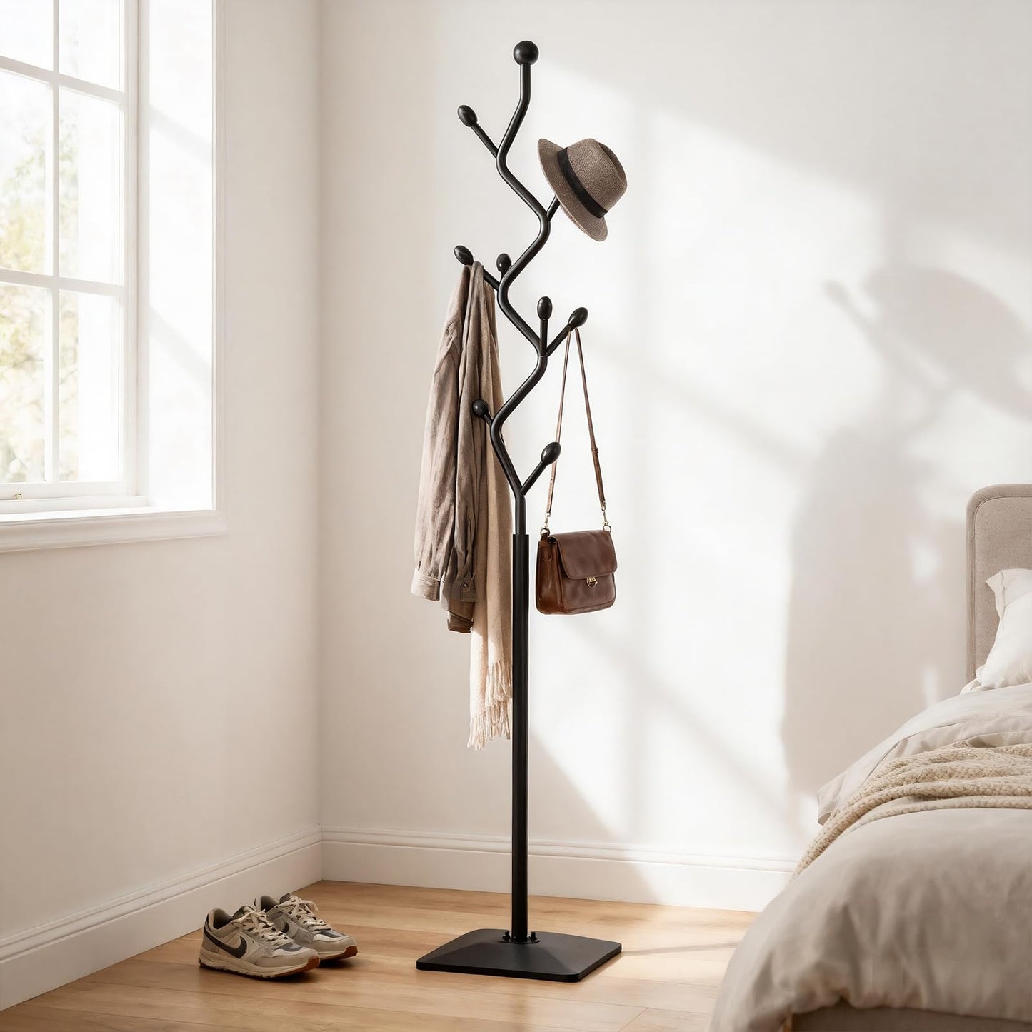 ZHBHYZ Tree-shaped coat rack stand,Metal coat tree with 8 Hooks and sturdy cast iron base,Heavy Duty coat rack freestanding coat hanger stand for Clothes Hats Scarfs Purses (black)