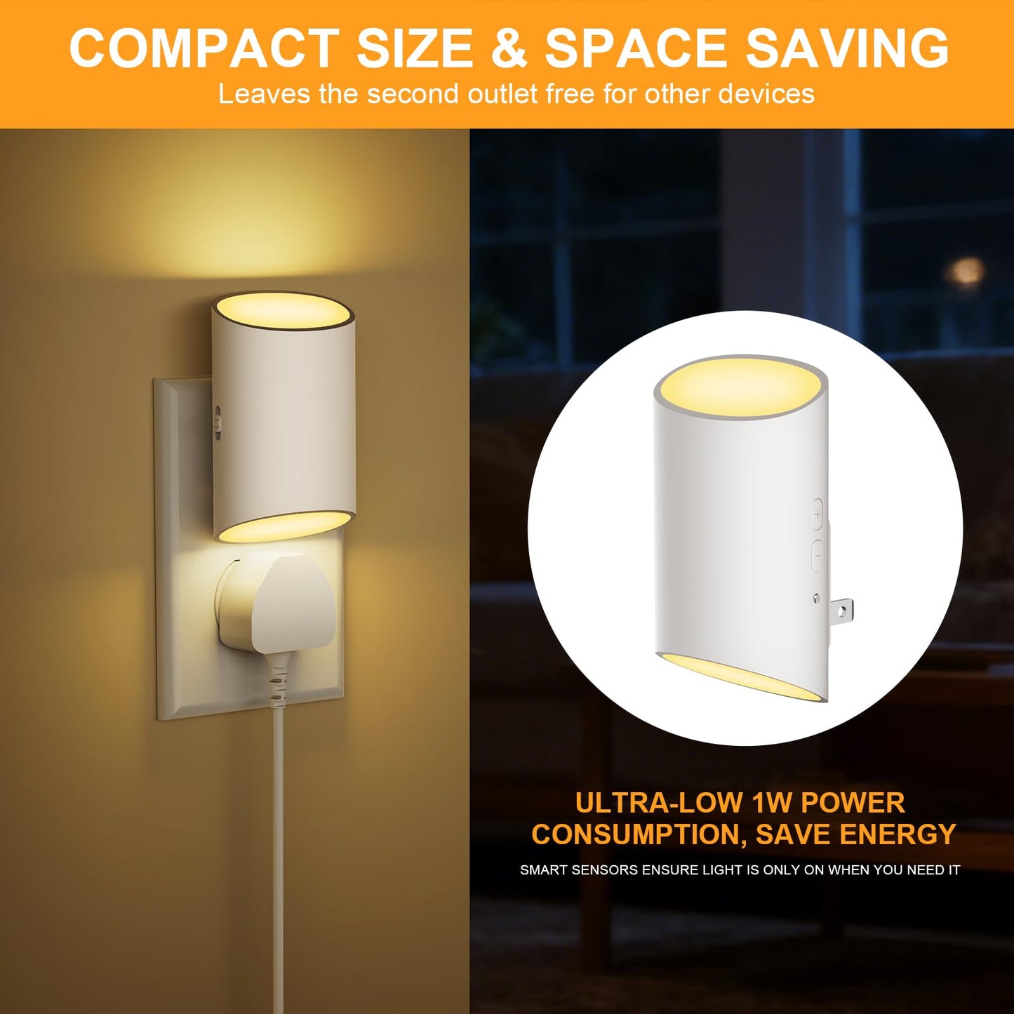 Fyrael Night Light Plug into Wall with Motion Sensor & Dusk to Dawn, Soft White LED 3000K, 7 Levels 1-100LM Adjustable Brightness, Auto Indoor Nightlight for Bedroom, Bathroom, Hallways,Stairs, 2-Pack