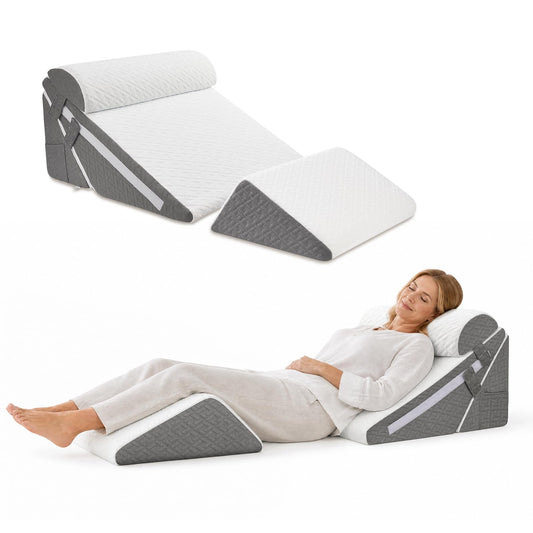 Adjustable Wedge Pillow Set for After Surgery Recovery, 4PCS Bed Wedge with Leg Elevation Pillow, Cooling Gel Memory Foam Support for Acid Reflux, GERD, Back Pain & Leg Elevation, White/Dark Grey