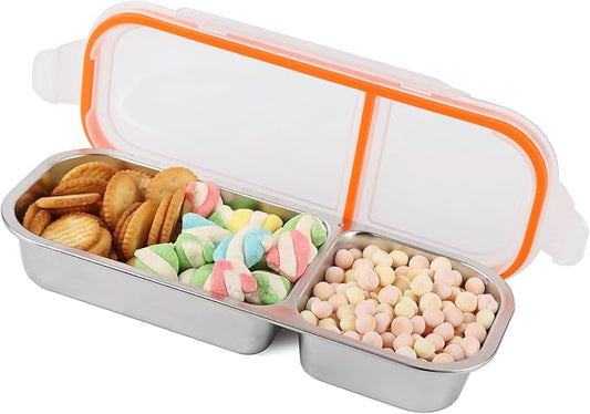 zenjarigily Stainless Steel Snack Containers with Lids, Double Compartment Leakproof Reusable Snack Box for Nuts, Fruits- Divided Grab & Go Container for School, Office, Travel