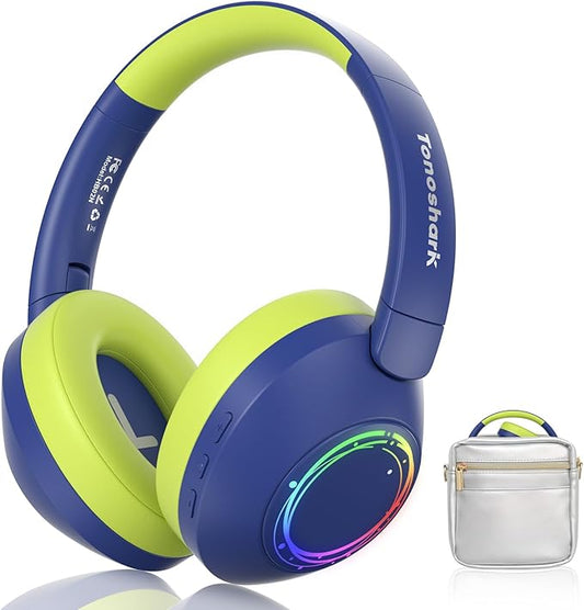 Noise Cancelling Headphones for Kids,Colorful RGB LED Lights, 60H Playtime, Bluetooth 5.4 Wireless Over-Ear Headset Built-in Microphone for Home/School/Party- Includes Portable Case (Blue)