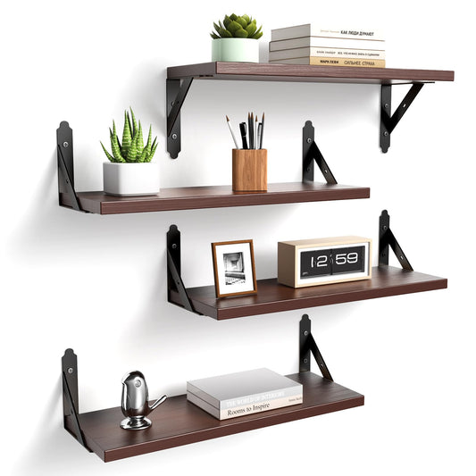 ROMGUAR CRAFT Wood Floating Shelves Set of 4, Rustic Storage Decor Wall Shelves, Wall Mounted Shelf for Living Room, Bedroom 17" x 6", Brown