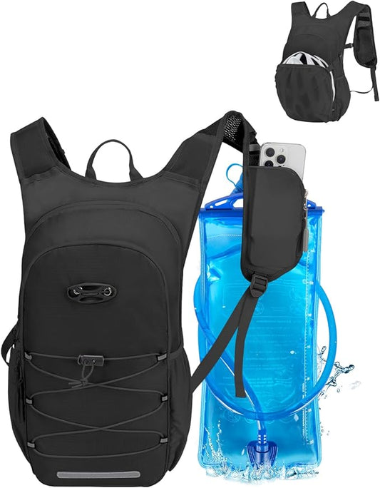 Hydration Backpack with 2L Water Bladder, Hiking Water Backpack for Men Women with Phone Pocket and Helmet Holder