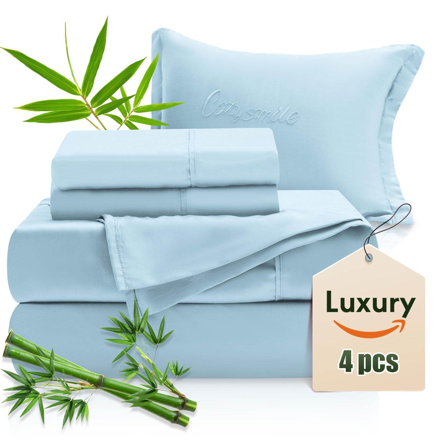 Bamboo Sheets Queen Sheets Set,100% Organic Viscose Derived from Bamboo Bed Sheet Set,Luxuriously Soft & Cooling,4 Pcs Bedding Set with Deep Pockets, Wrinkle Free,Double Stitched Seams( Sky Blue )