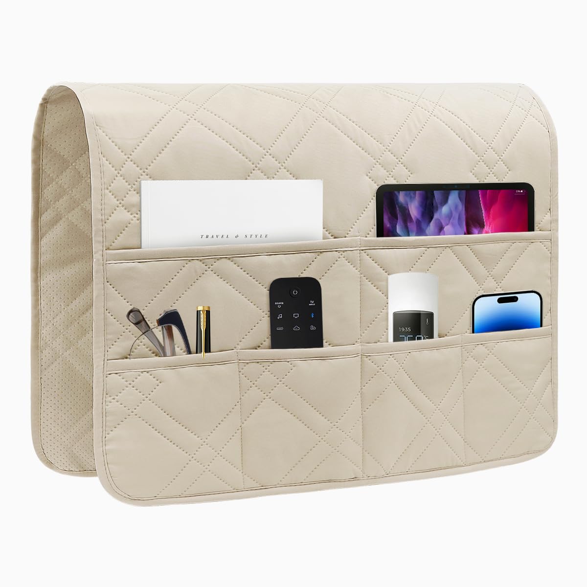 HADEEONG Couch Armrest Organizer Remote Control Holder Bedside Caddy with 6 Pockets, Non-Slip Armchair Caddy Sofa Armrest Organizer for Tv Remote Control, Magazine, Cell Phone, Beige