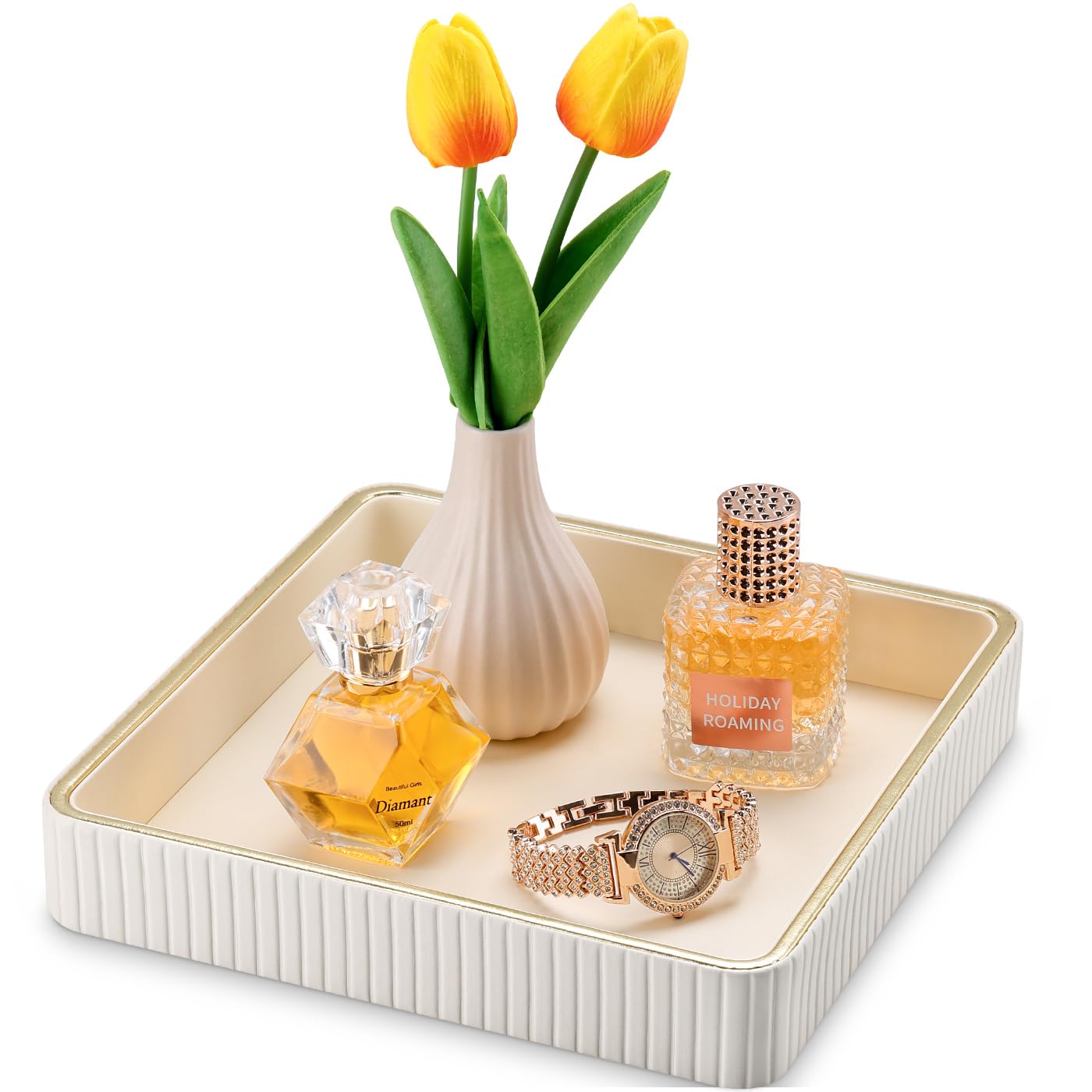 GORESE Square Nightstand Tray Perfume Organizer, Leather Decorative Tray, Purse Bowl Catch All Trays for Trinket Keys, Valet Jewelry Trays for Vanity, Gift for Women & Men, Cream White(9.3'' × 9.3'')