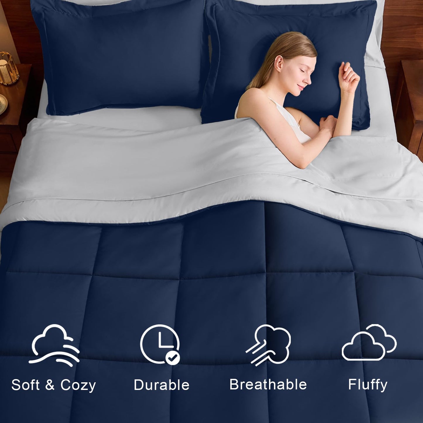 FUANNA Queen Comforter Set 7 Pieces, Reversible Bed in a Bag with All Season Soft Comforter, Bedding Sets Includes Comforter, Flat Sheet, Fitted Sheet, Pillowcases & Shams, Navy Blue & Light Grey