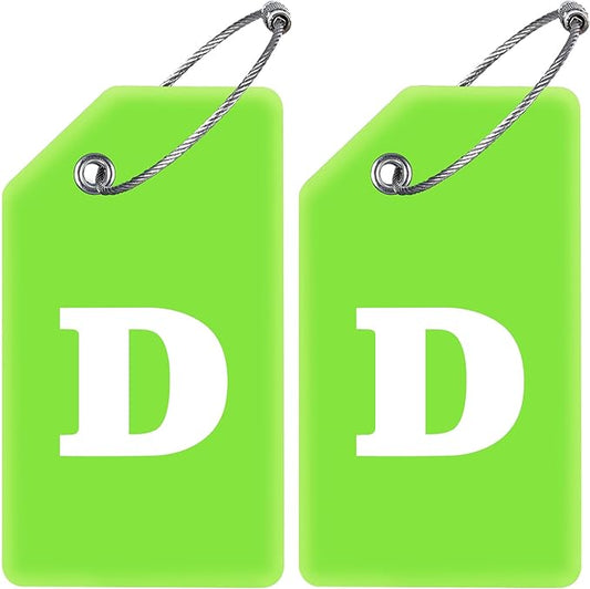 Gostwo 2 Pack Silicone Luggage Tags for Suitcases, 26 Initial Letter Baggage Labels Handbag School Bag Suitcase Instrument Tag with Stainless Steel Loop(Green)(Letter D)