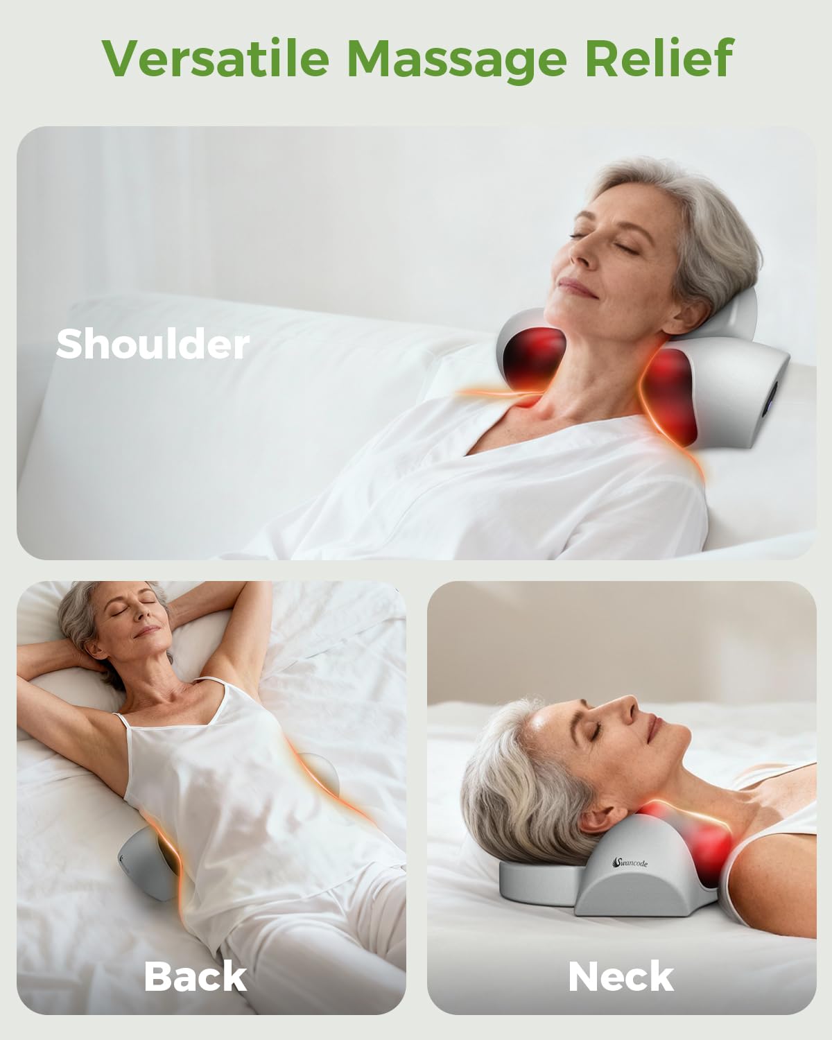 swancode Upgraded 3-in-1 Neck Massager Pillow with Heat, Portable Cordless Neck Massager for Pain Relief Deep Tissue, Rechargeable Pillow Massager for Neck & Shoulder Relaxation (Gray)