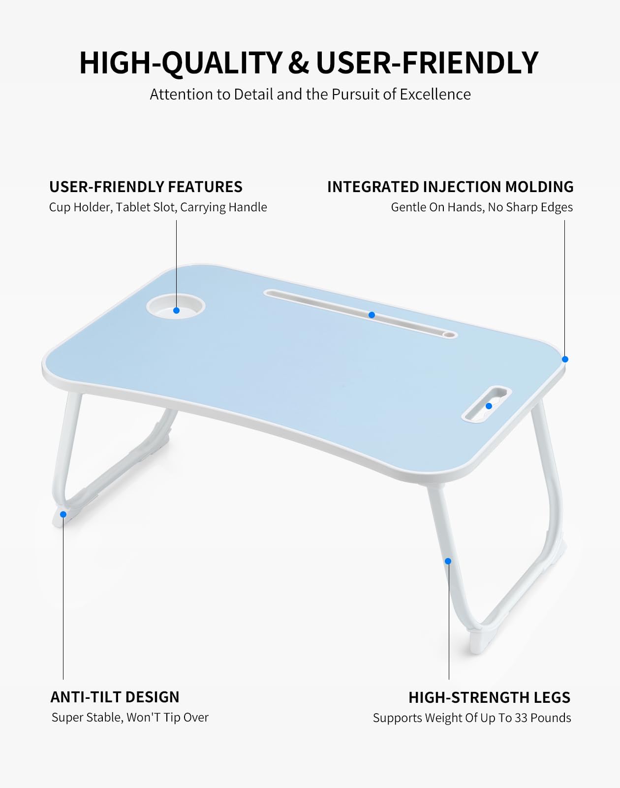 ZEAPTAC Laptop Bed Desk, Foldable Lap Desk, Portable Lap Table, Laptop Stand with Cup Holder, Tablet Slot & Lifting Handle for Work, Write, Draw & Eat on Bed, Sofa or Couch - Blue