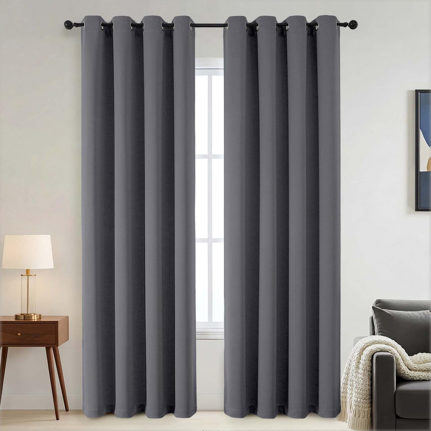 Ebesto 100% Blackout Curtains for Bedroom - Solid Thick Fabric Grommet Thermal Blackout Curtains, Charcoal Grey Window Drapes for Living Room, Noise Reduction, 2 Panels, 2x52Wx90L Inches