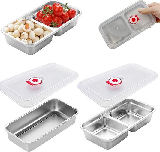 Grab and Go Snack Containers Stainless Steel, Reusable Snack Condiment Containers with Lids, Double &Single Compartment Food Lunch Meal Container Prep for Travel, Small Packs Container, 2 PCS